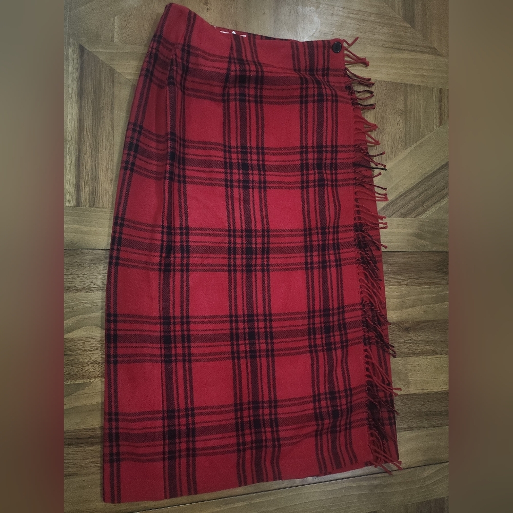 Cambridge Country Skirt 8P Petite Red Plaid Wool Blend Blanket Wrap Preppy